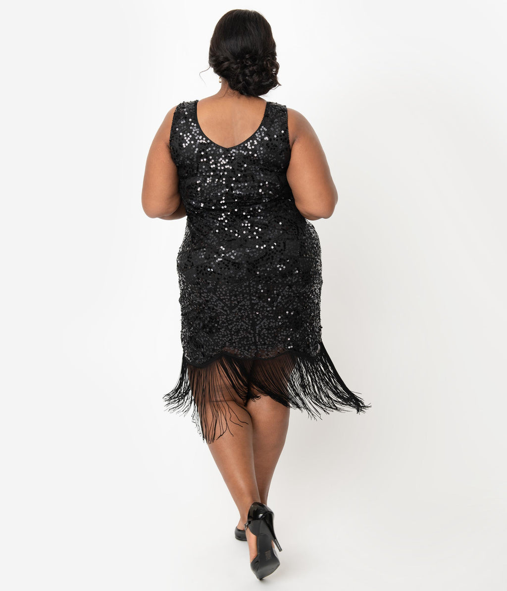 Unique Vintage Plus Size 1920s Style Black Beaded & Sequin Adalene Cocktail Flapper Dress