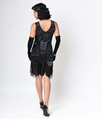 Unique Vintage 1920s Style Black Hand Beaded Fringe Bosley Flapper Dress