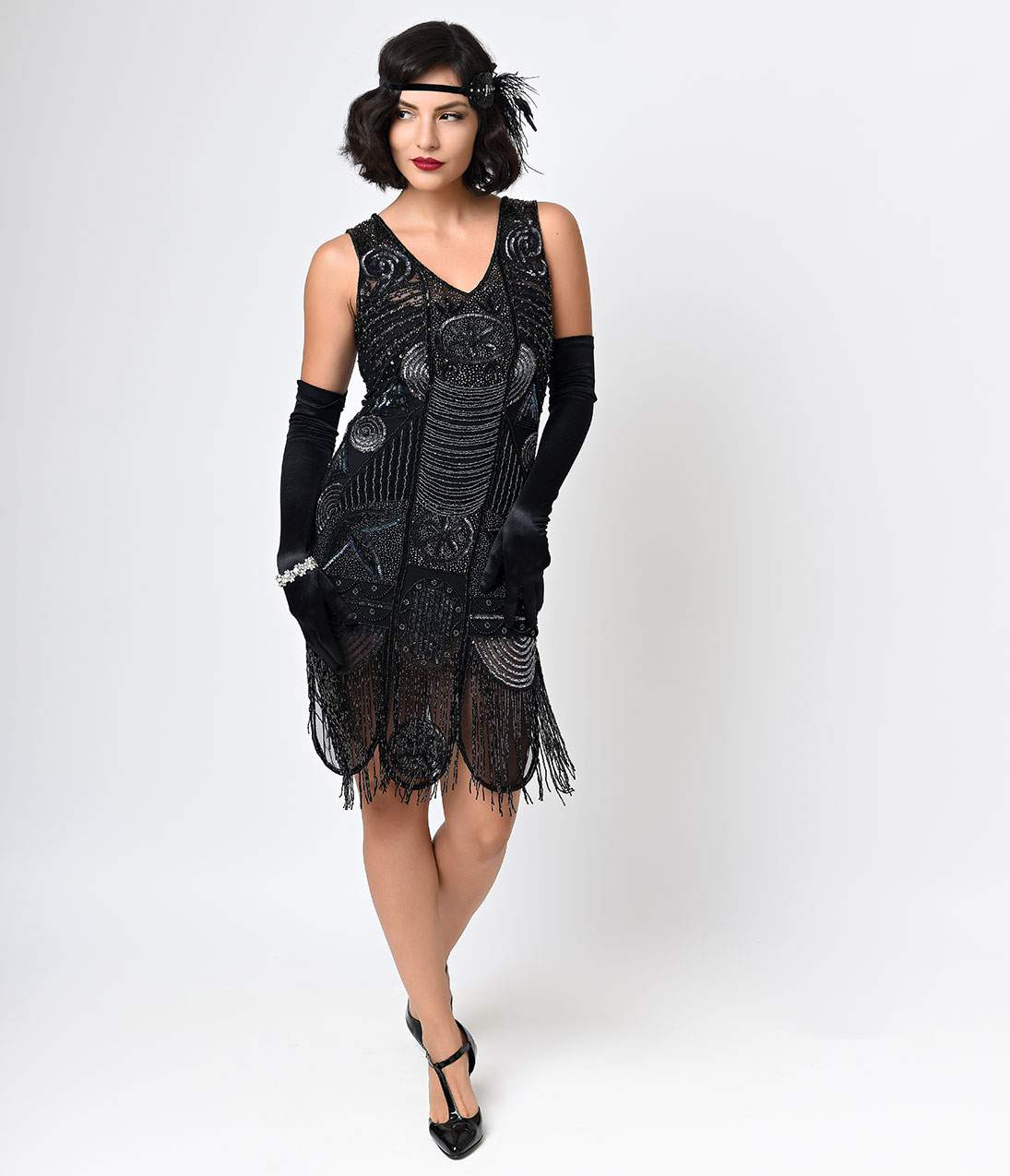Unique Vintage 1920s Style Black Hand Beaded Fringe Bosley Flapper Dress