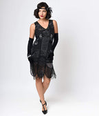Unique Vintage 1920s Style Black Hand Beaded Fringe Bosley Flapper Dress