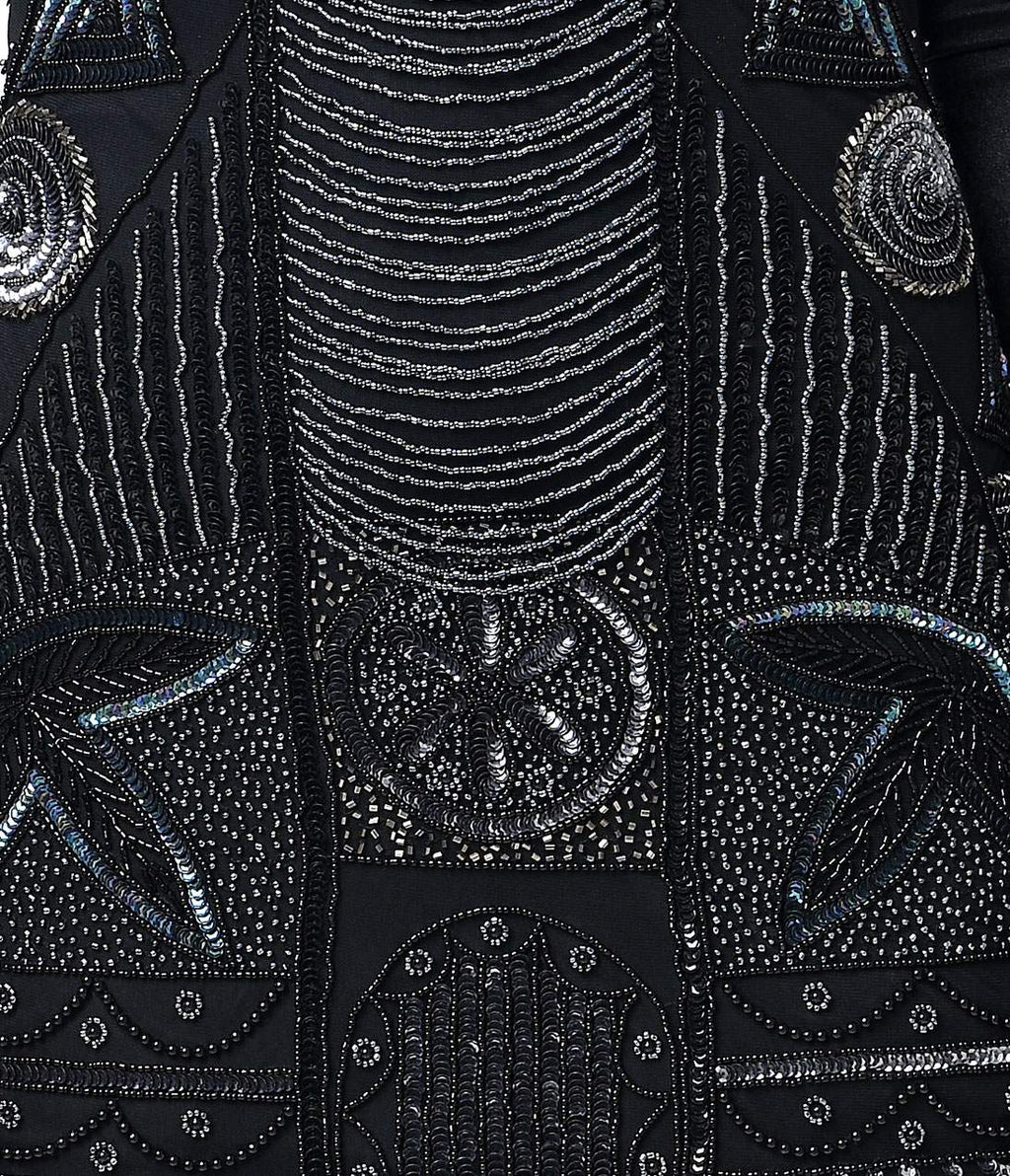 Unique Vintage 1920s Style Black Hand Beaded Fringe Bosley Flapper Dress