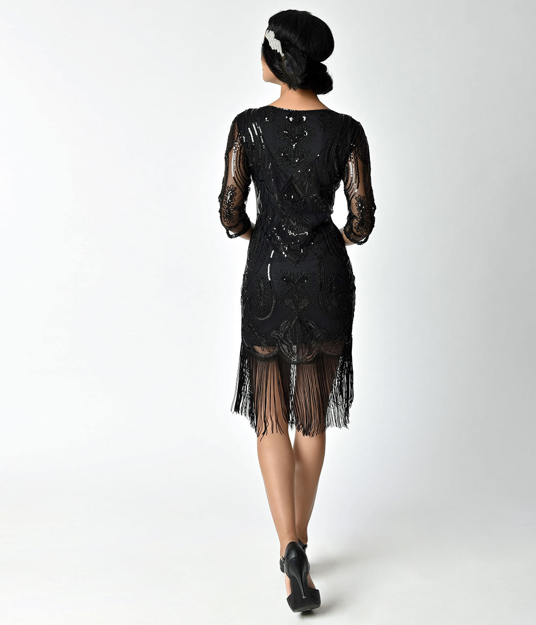 Unique Vintage 1920s Black Beaded & Sequin Margaux Sleeved Fringe Cocktail Dress M/6-8 Unique Vintage 1920s Black Beaded & Sequin Margaux Sleeved Fringe Cocktail Dress M/6-8