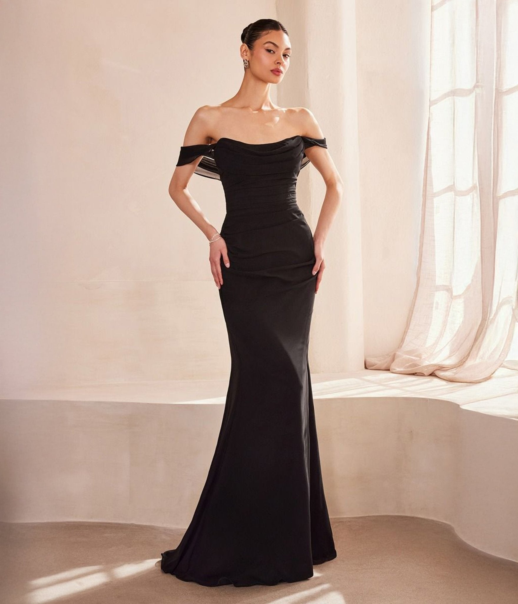 Amoris by Cinderella Divine Black Chiffon Fitted Off Shoulder Prom Gown - Unique Vintage - Womens, DRESSES, PROM