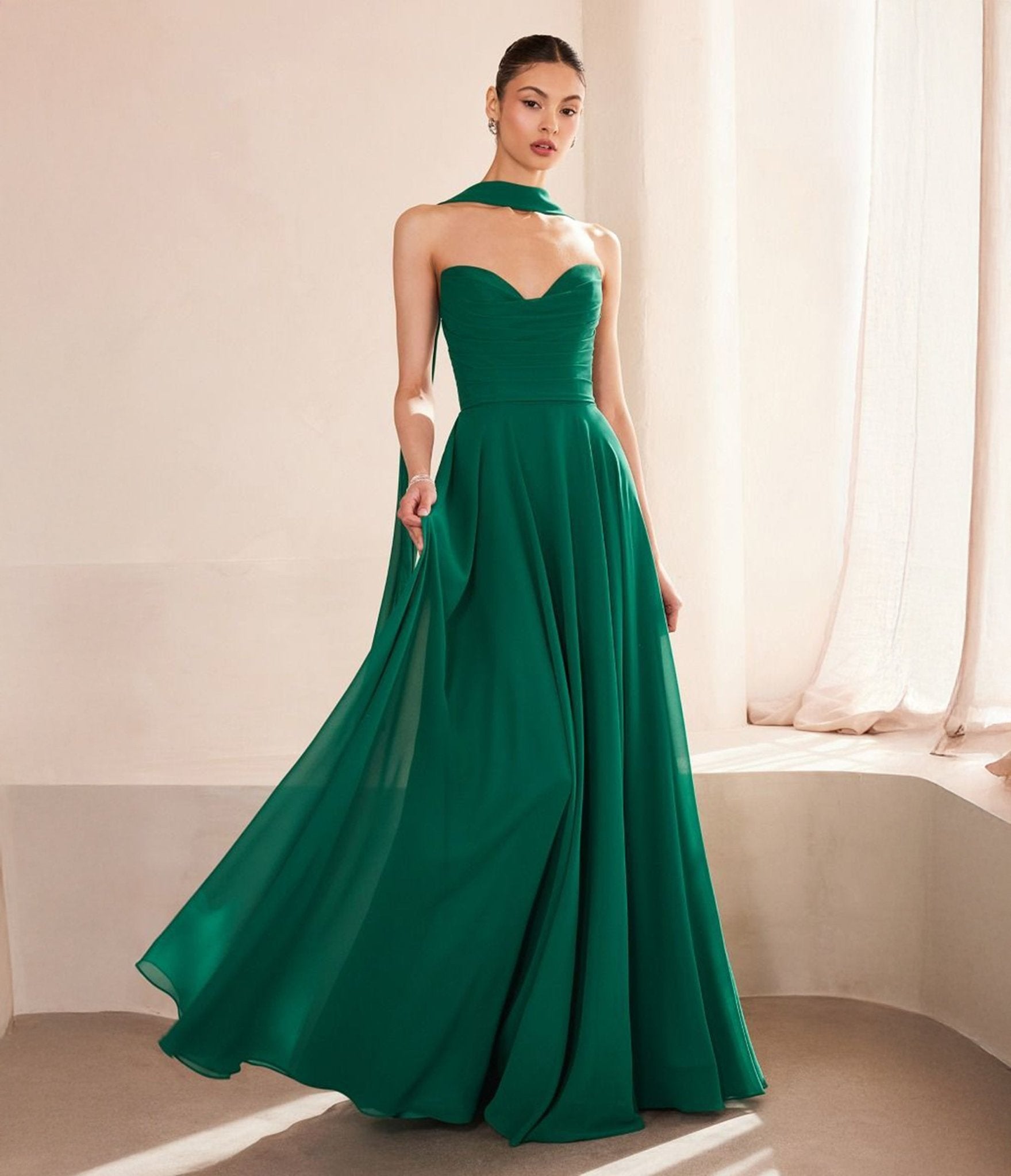 Amoris by Cinderella Divine Emerald Chiffon Strapless A - Line Prom Gown - Unique Vintage - Womens, DRESSES, PROM