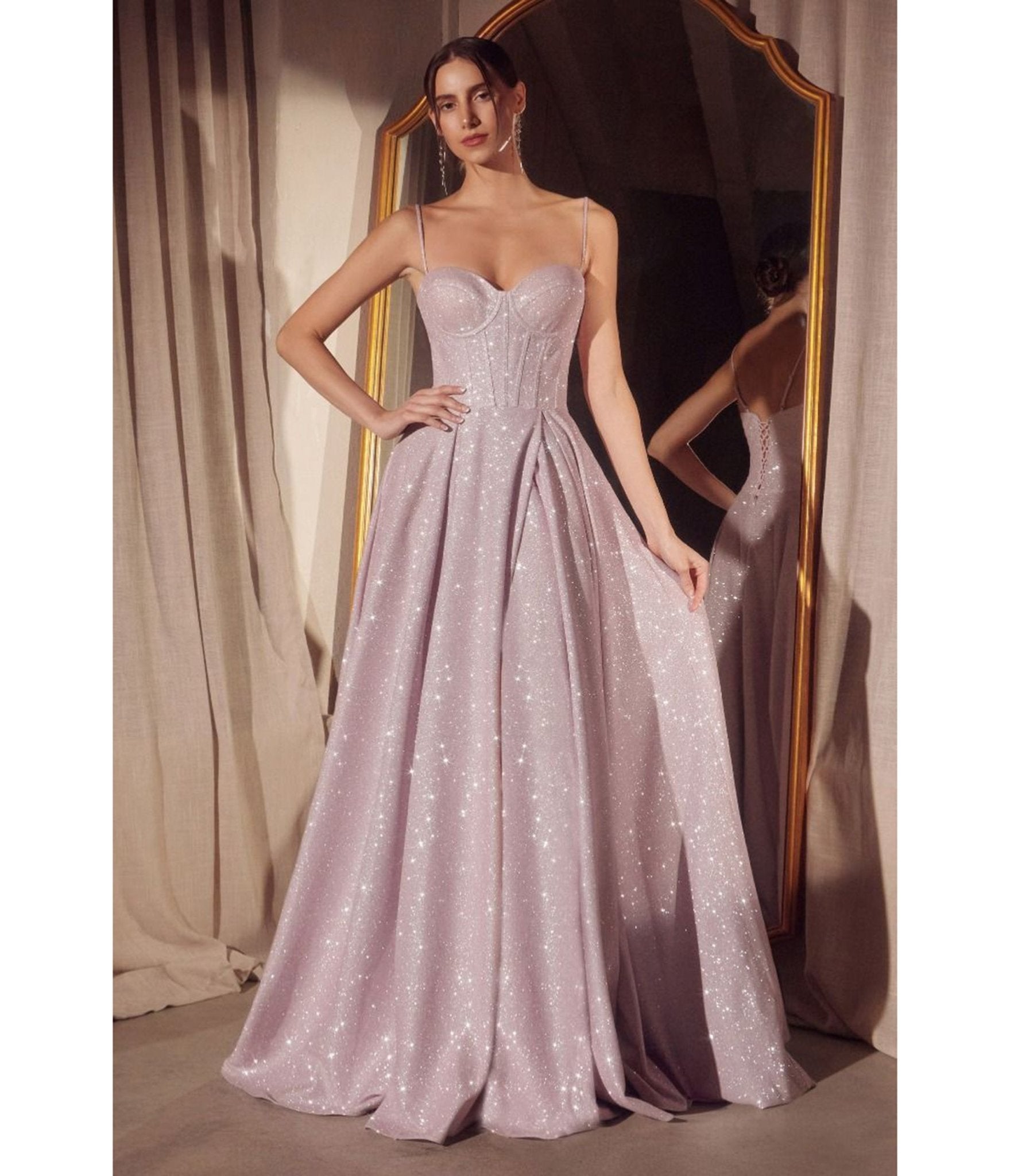 Amoris by Cinderella Divine Light Pink Glitter Sleeveless A - Line Slit Prom Gown - Unique Vintage - Womens, DRESSES, PROM AND SPECIAL OCCASION