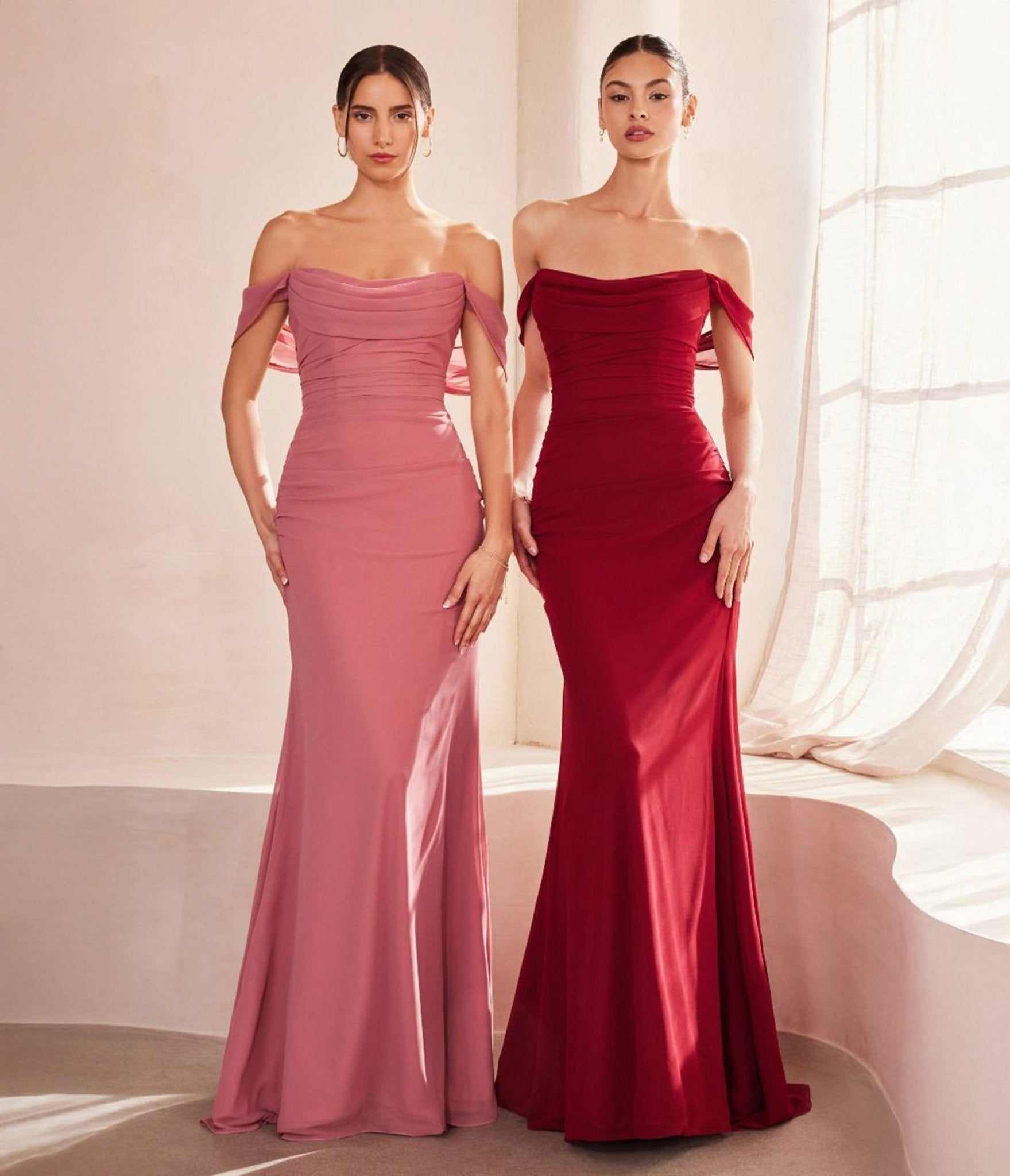Amoris by Cinderella Divine Mauve Rose Chiffon Fitted Off Shoulder Prom Gown - Unique Vintage - Womens, DRESSES, PROM