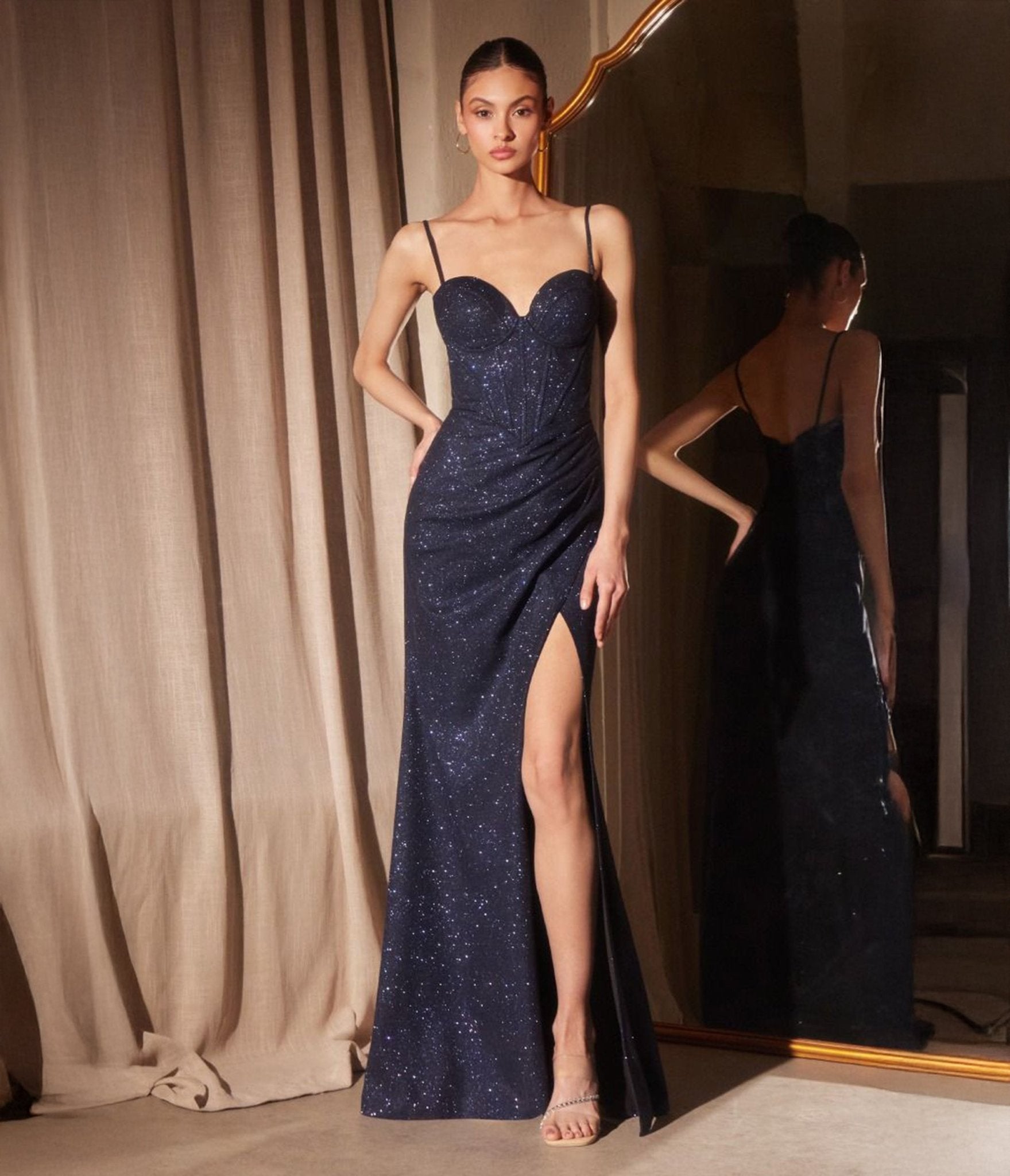 Amoris by Cinderella Divine Navy Glitter Fitted Sleeveless Slit Prom Gown - Unique Vintage - Womens, DRESSES, PROM