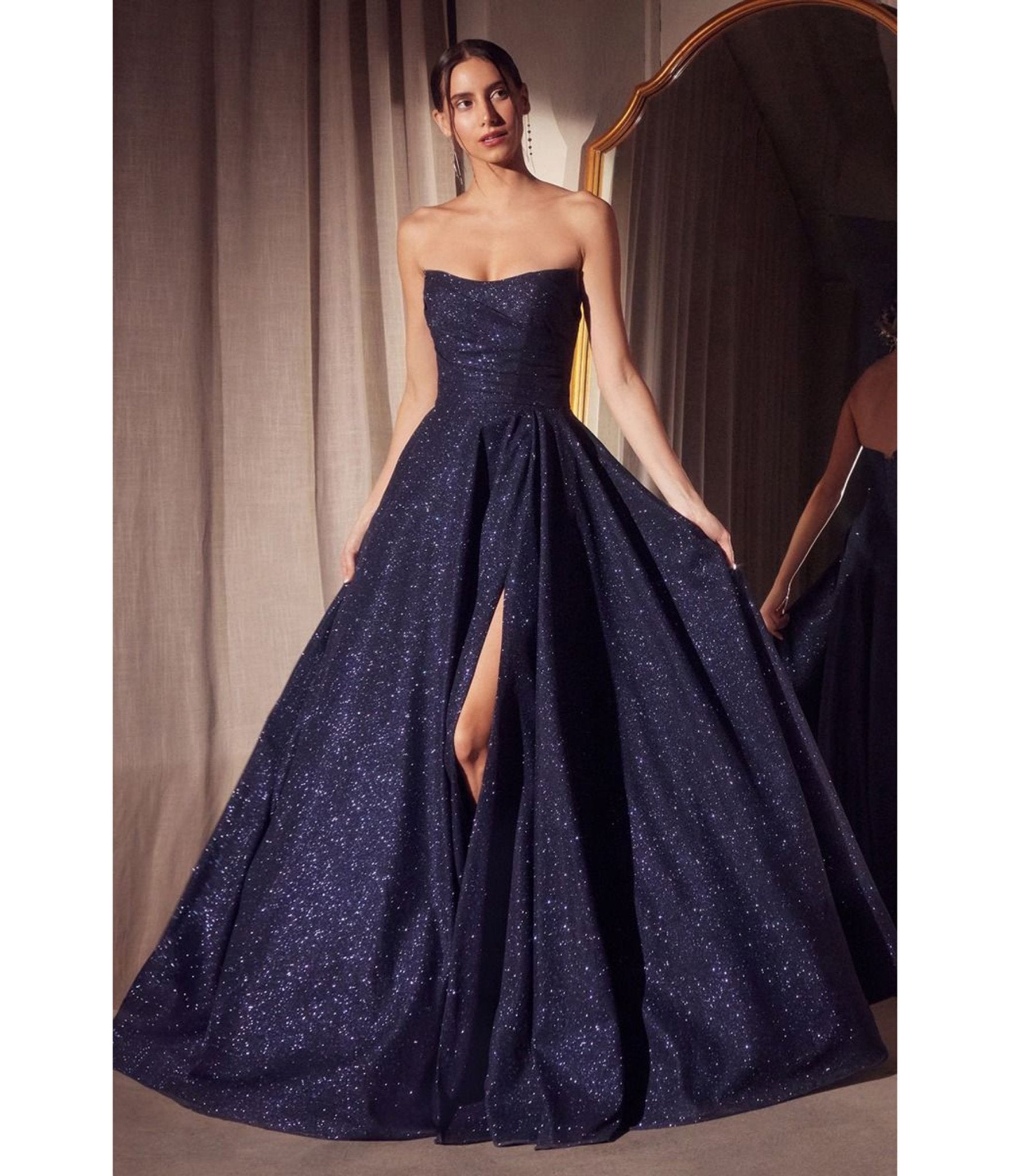 Amoris by Cinderella Divine Navy Glitter Strapless A Line Slit Prom Gown - Unique Vintage - Womens, DRESSES, PROM