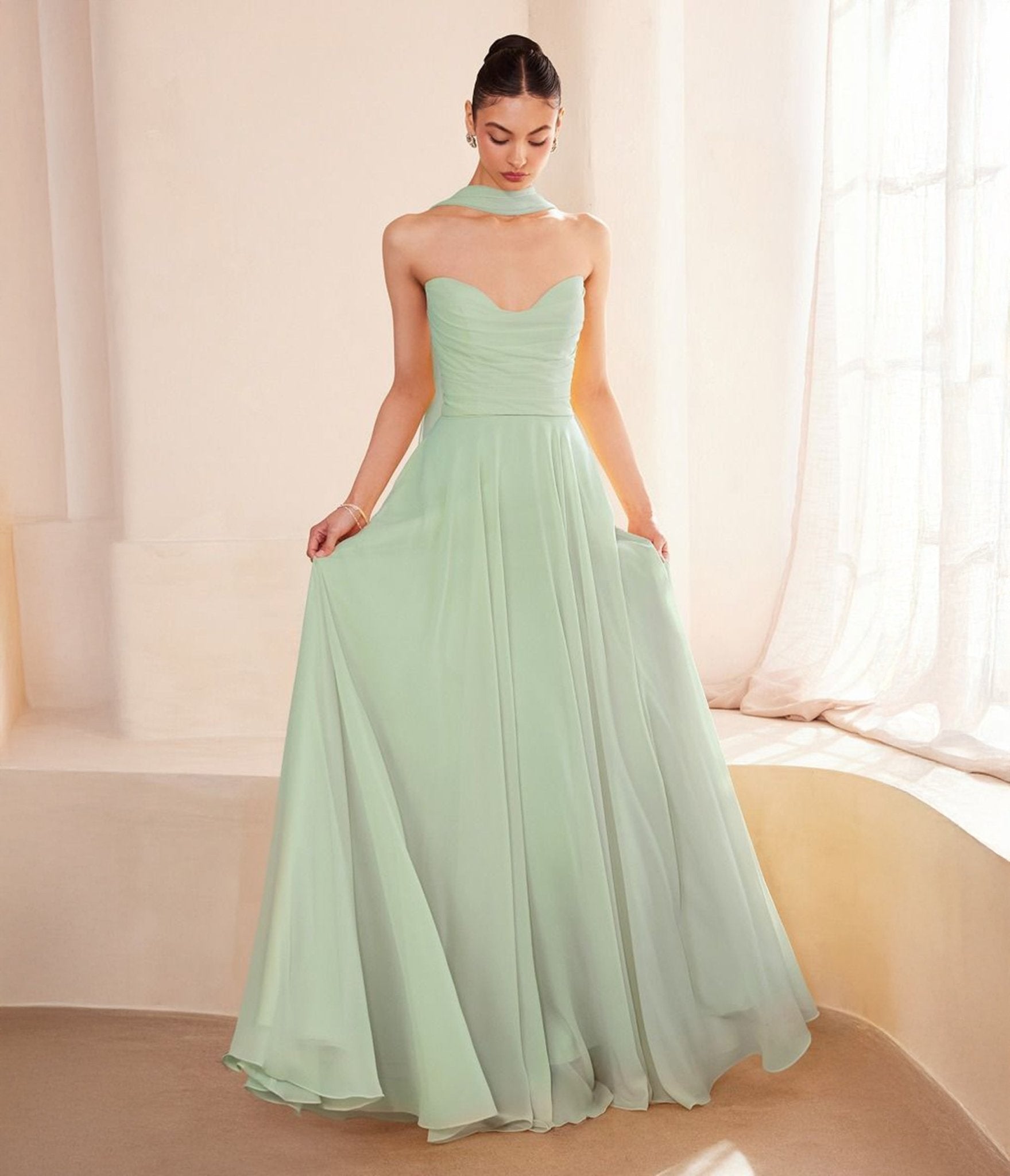 Amoris by Cinderella Divine Sage Chiffon Strapless A - Line Prom Gown - Unique Vintage - Womens, DRESSES, PROM