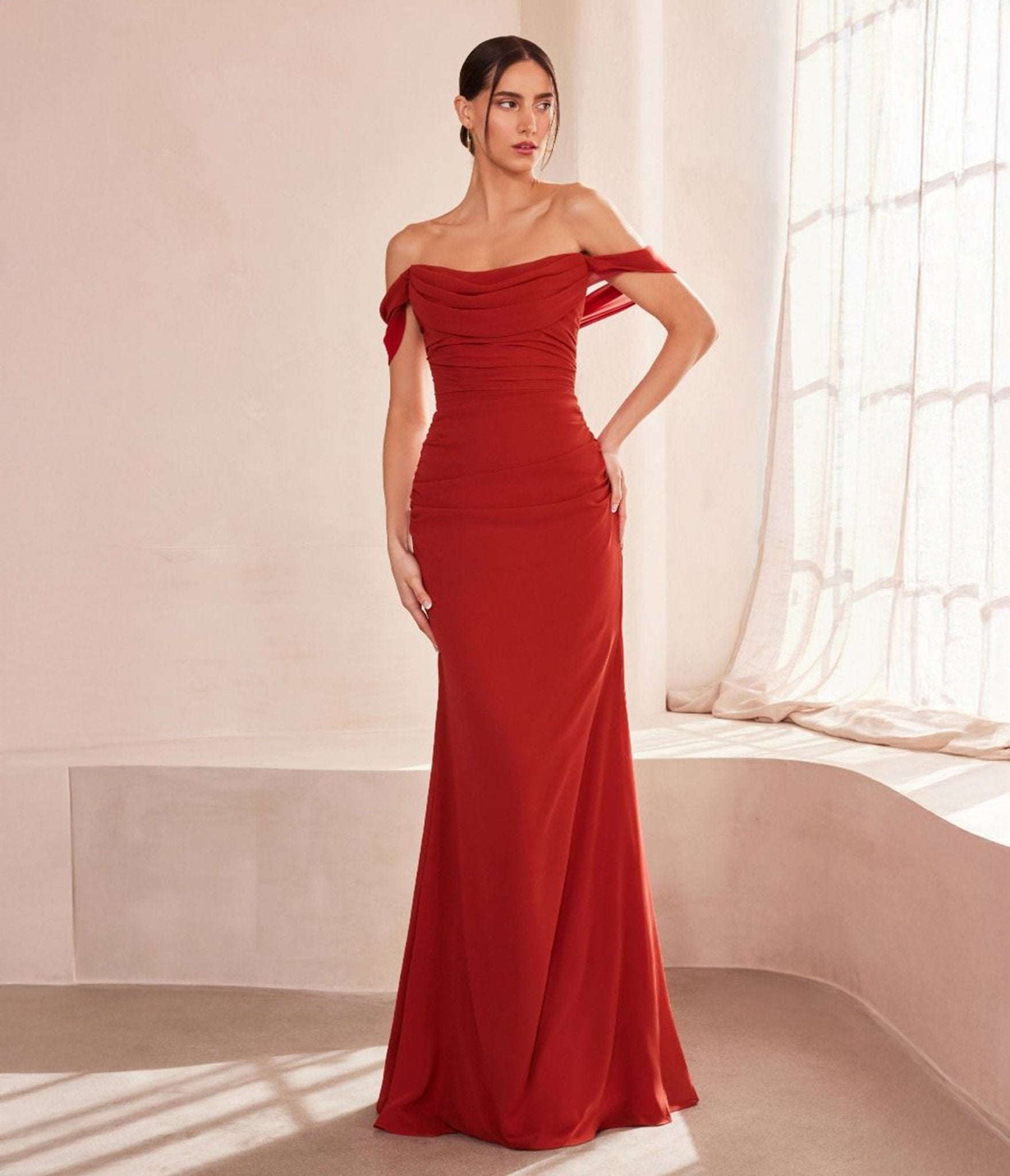 Amoris by Cinderella Divine Sienna Chiffon Fitted Off Shoulder Prom Gown - Unique Vintage - Womens, DRESSES, PROM AND SPECIAL OCCASION