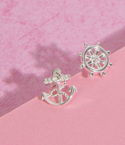 Anchor & Wheel Nautical Stud Earrings - Unique Vintage - Womens, ACCESSORIES, JEWELRY