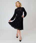 Annabelle x Unique Vintage 1970s Black Flocked Leota Swing Dress - Unique Vintage - Womens, DRESSES, SWING