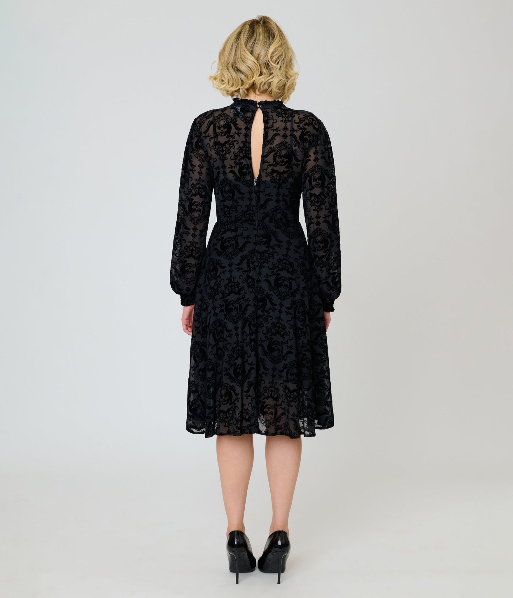 Annabelle x Unique Vintage 1970s Black Flocked Leota Swing Dress - Unique Vintage - Womens, DRESSES, SWING