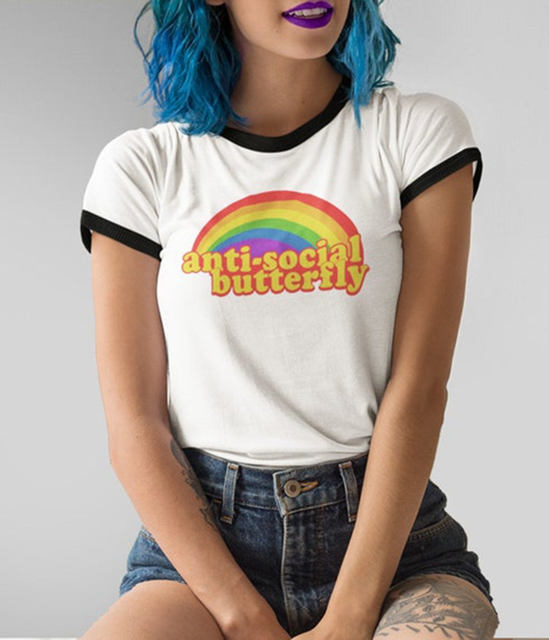 Antisocial Butterfly Unisex Ringer Graphic Tee - Unique Vintage - Womens, GRAPHIC TEES, TEES