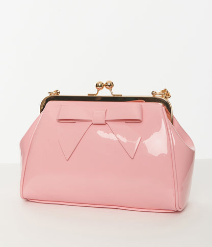 Baby Pink Bow Patent Leatherette Handbag - Unique Vintage - Womens, ACCESSORIES, HANDBAGS
