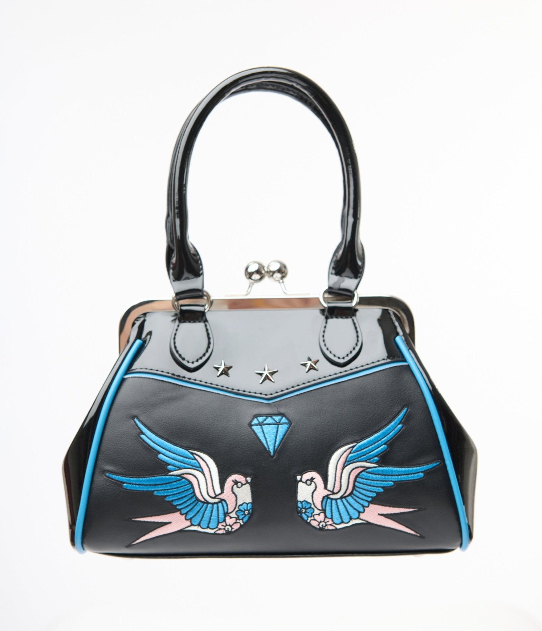 Banned 1950s Black Leatherette Swallows Handbag - Unique Vintage - Womens, ACCESSORIES, HANDBAGS