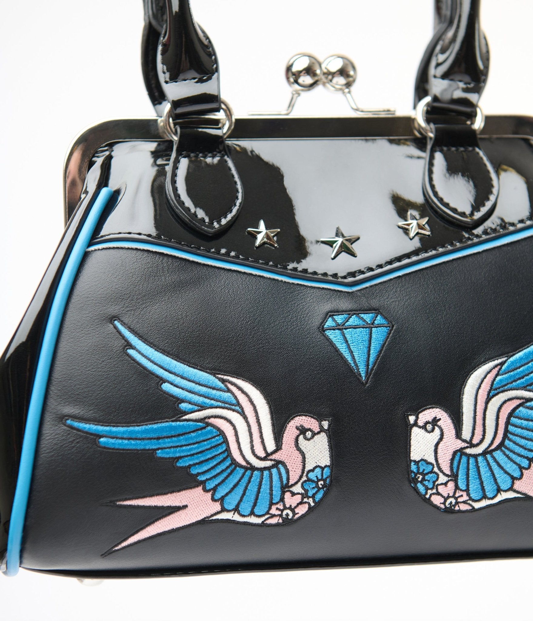 Banned 1950s Black Leatherette Swallows Handbag - Unique Vintage - Womens, ACCESSORIES, HANDBAGS
