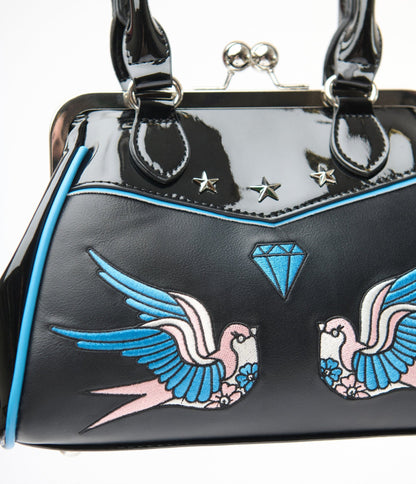 Banned 1950s Black Leatherette Swallows Handbag - Unique Vintage - Womens, ACCESSORIES, HANDBAGS