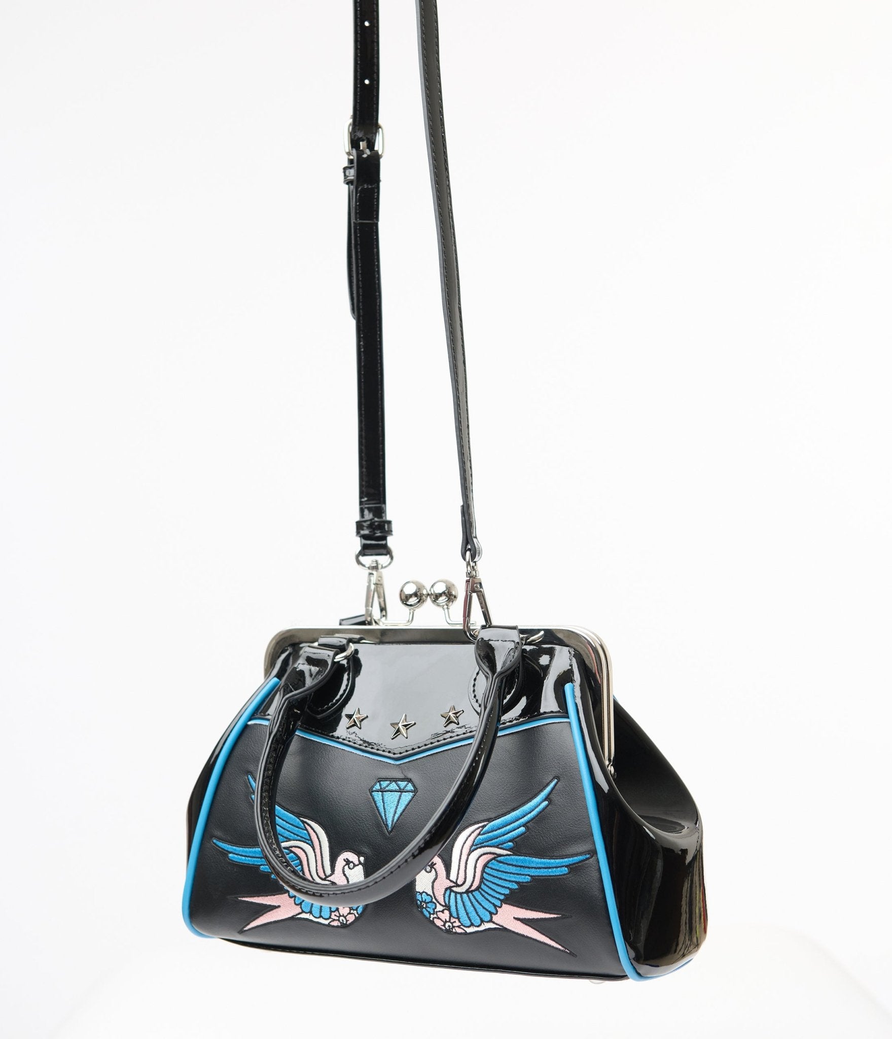 Banned 1950s Black Leatherette Swallows Handbag - Unique Vintage - Womens, ACCESSORIES, HANDBAGS