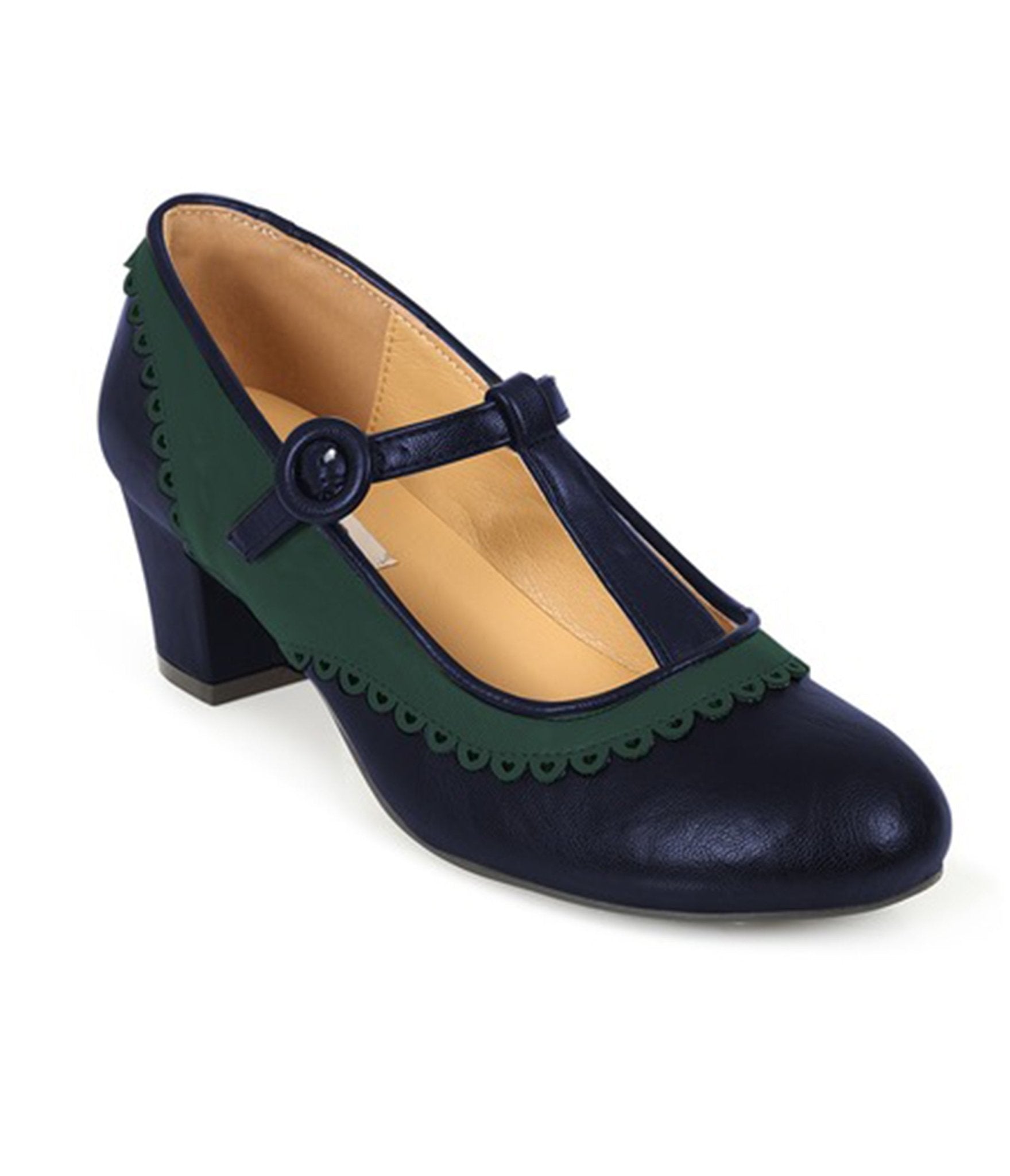 Banned Black & Green Leatherette Voyager T - Strap Heels - Unique Vintage - Womens, SHOES, HEELS