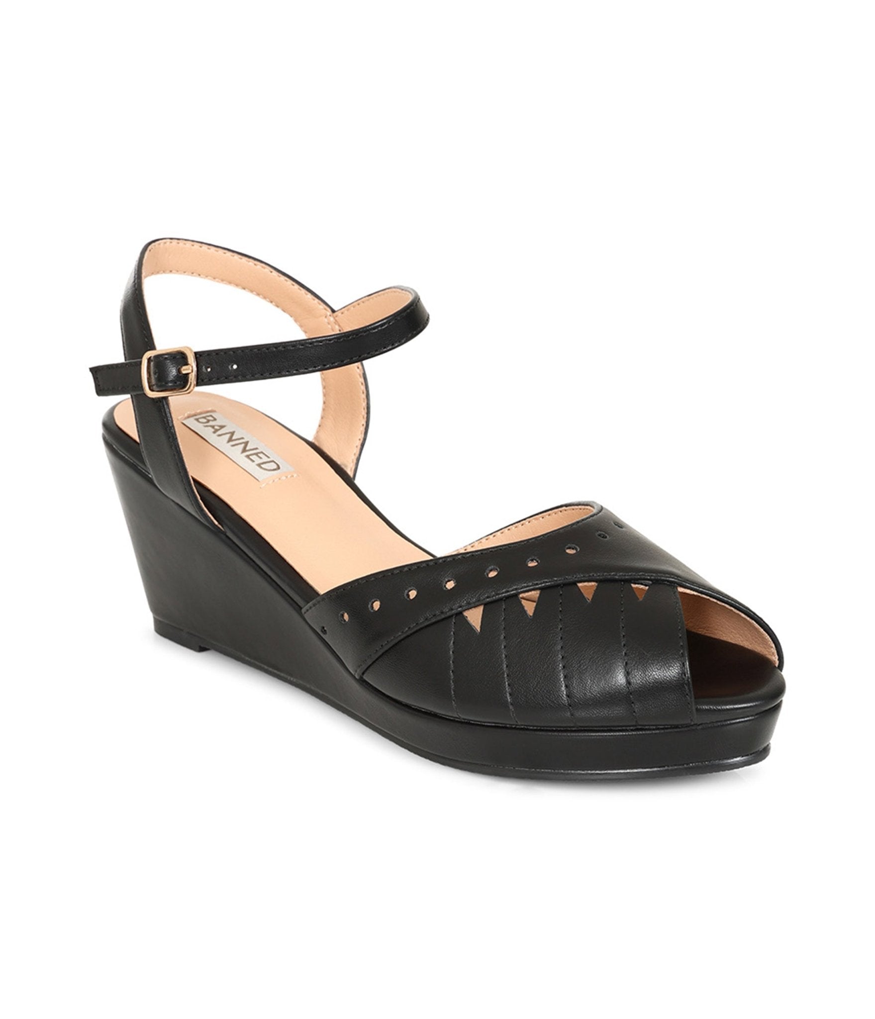 Banned Black Leatherette Peep Toe Wedges - Unique Vintage - Womens, SHOES, SANDALS