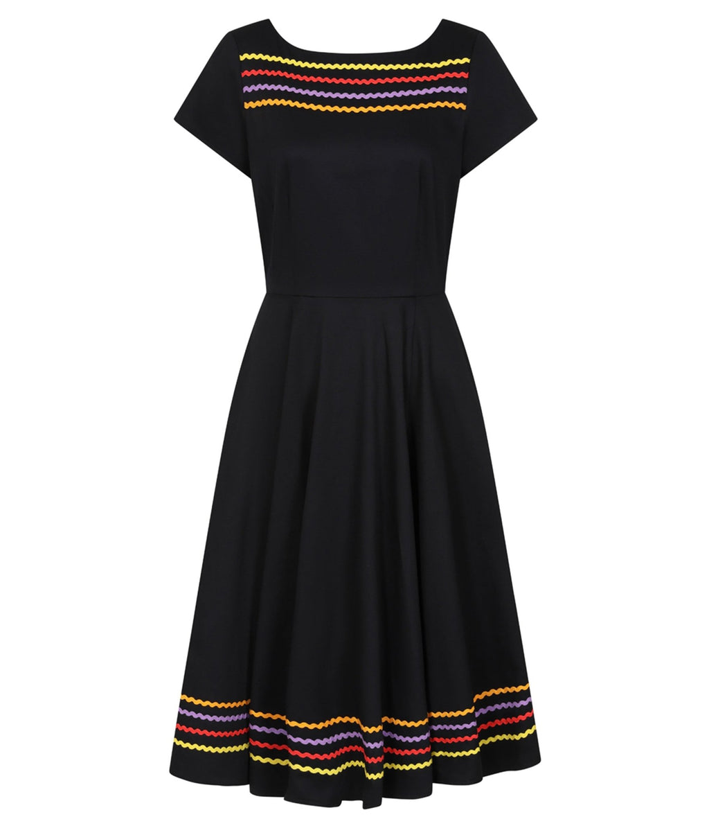 Banned Black & Rainbow Carmen Cotton Swing Dress - Unique Vintage - Womens, DRESSES, SWING