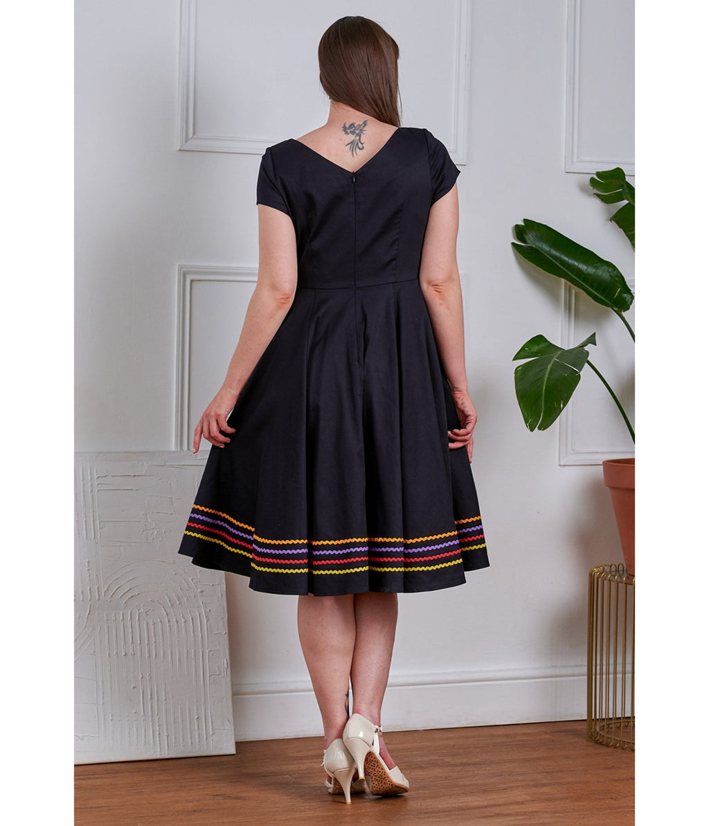 Banned Black & Rainbow Carmen Cotton Swing Dress - Unique Vintage - Womens, DRESSES, SWING