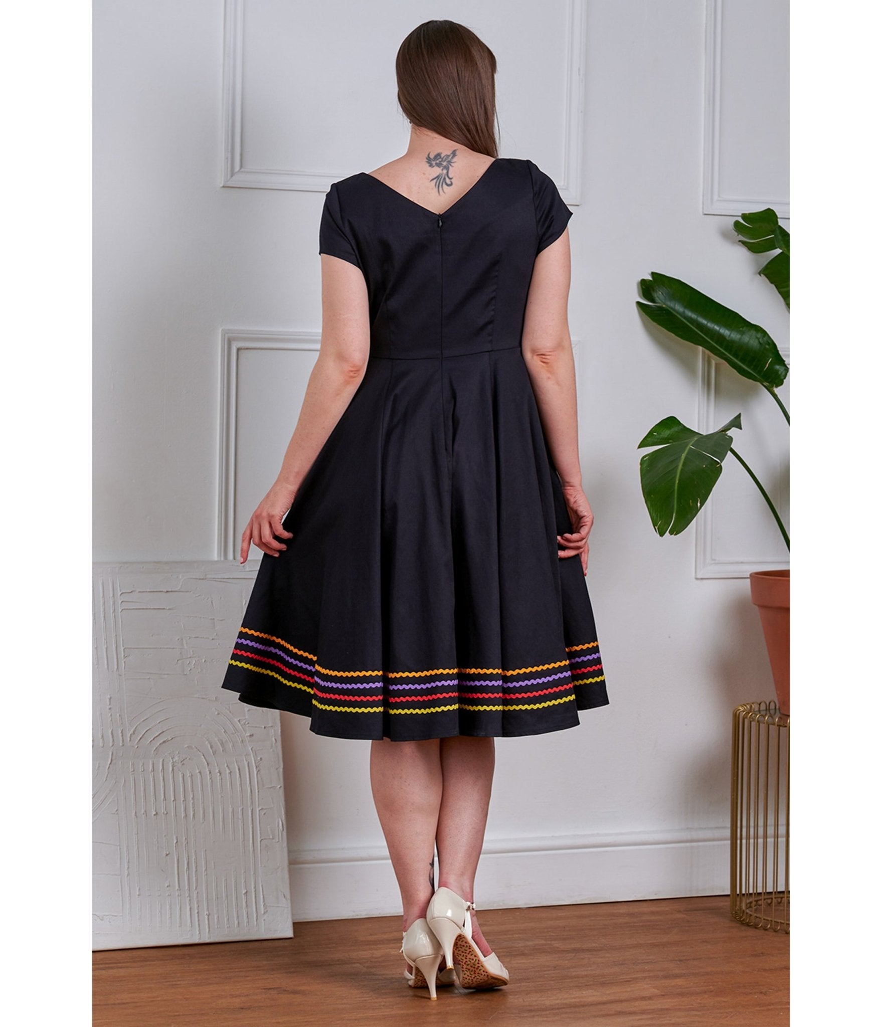 Banned Black & Rainbow Carmen Cotton Swing Dress - Unique Vintage - Womens, DRESSES, SWING