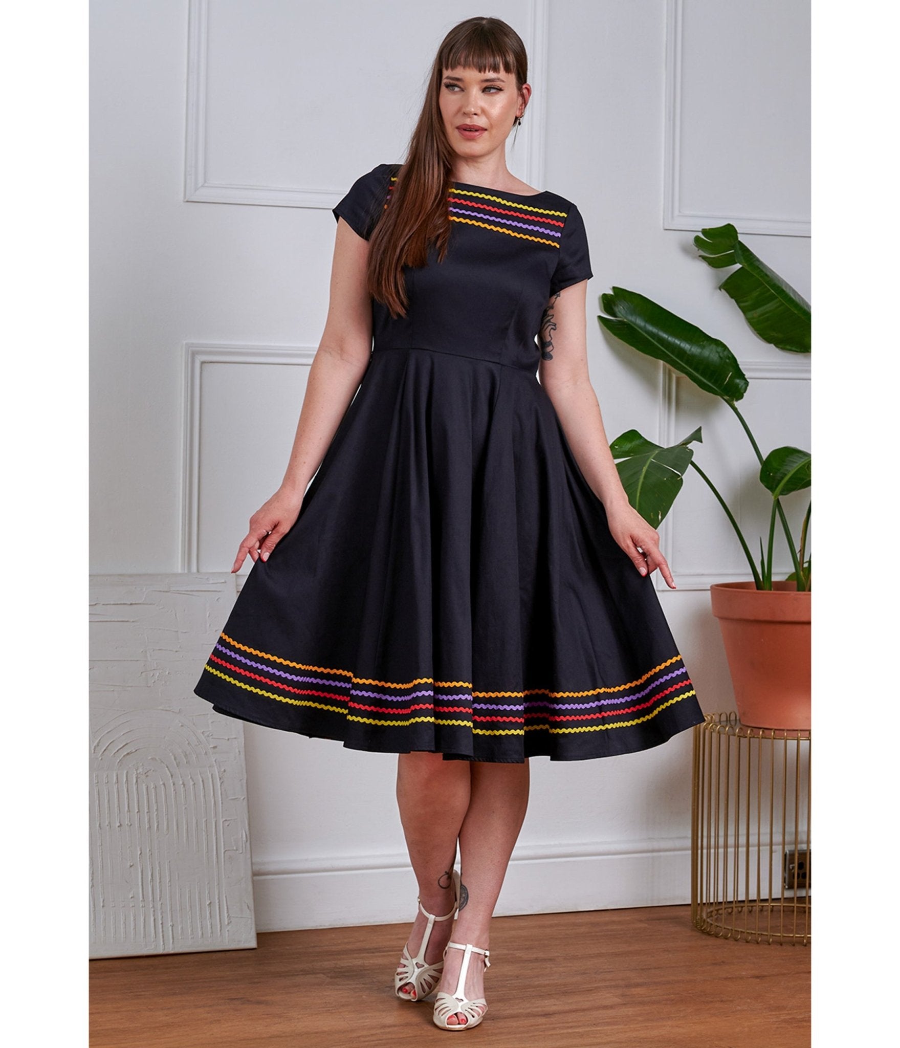 Banned Black & Rainbow Carmen Cotton Swing Dress - Large