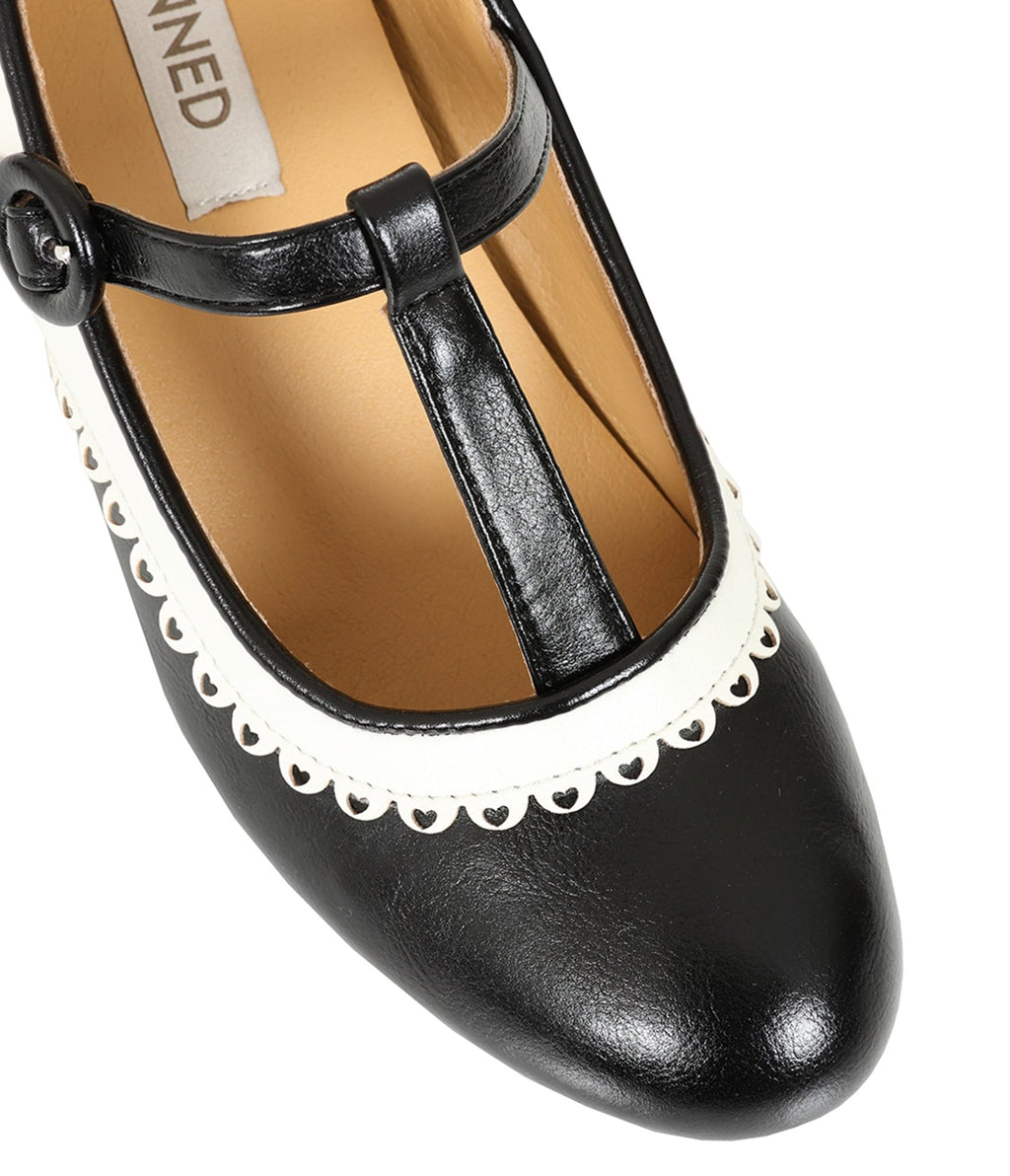 Banned Black & White Leatherette T - Strap Heels - Unique Vintage - Womens, SHOES, HEELS