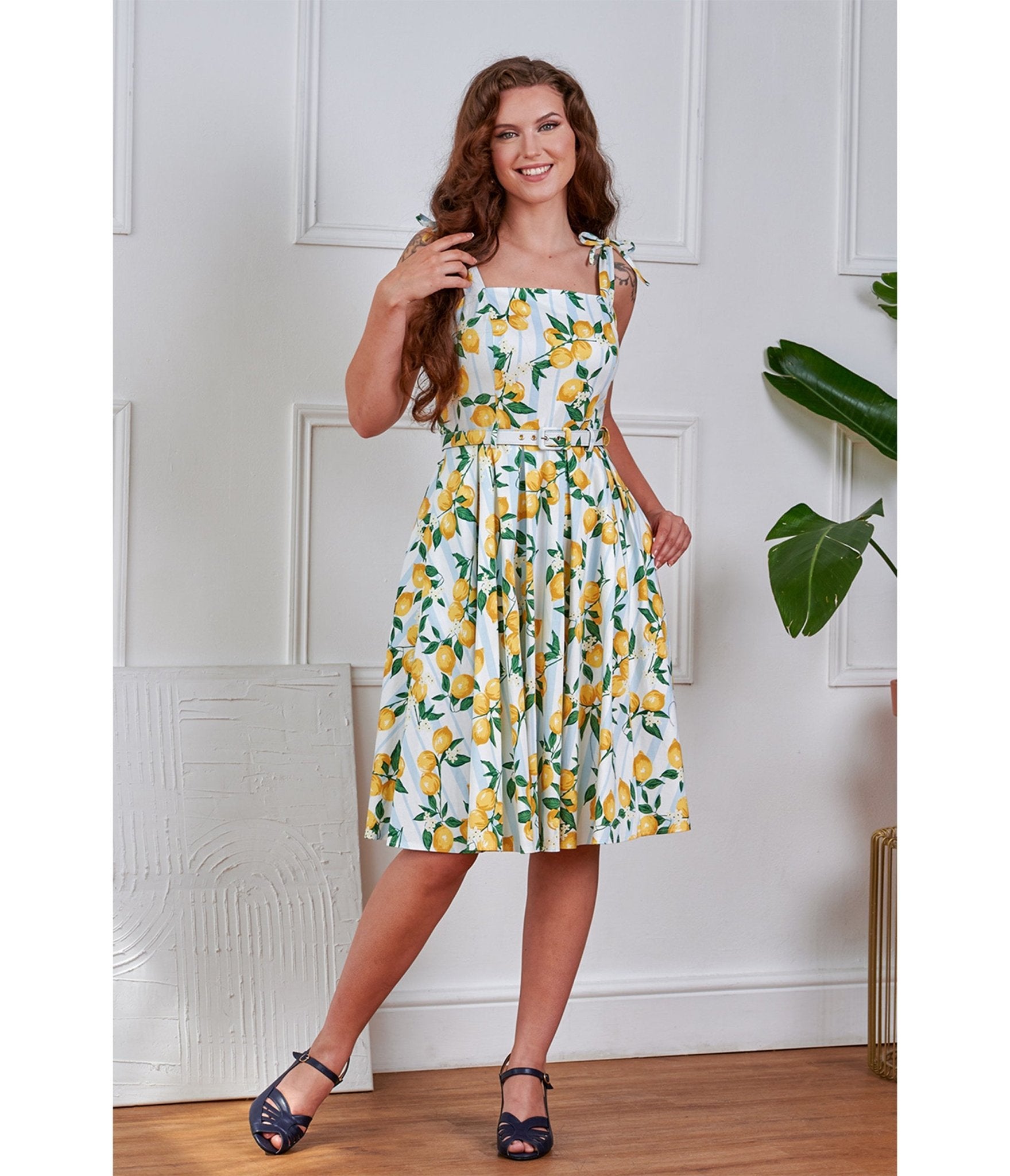 Banned Blue Striped Lemon Print Swing Dress - Unique Vintage - Womens, DRESSES, SWING