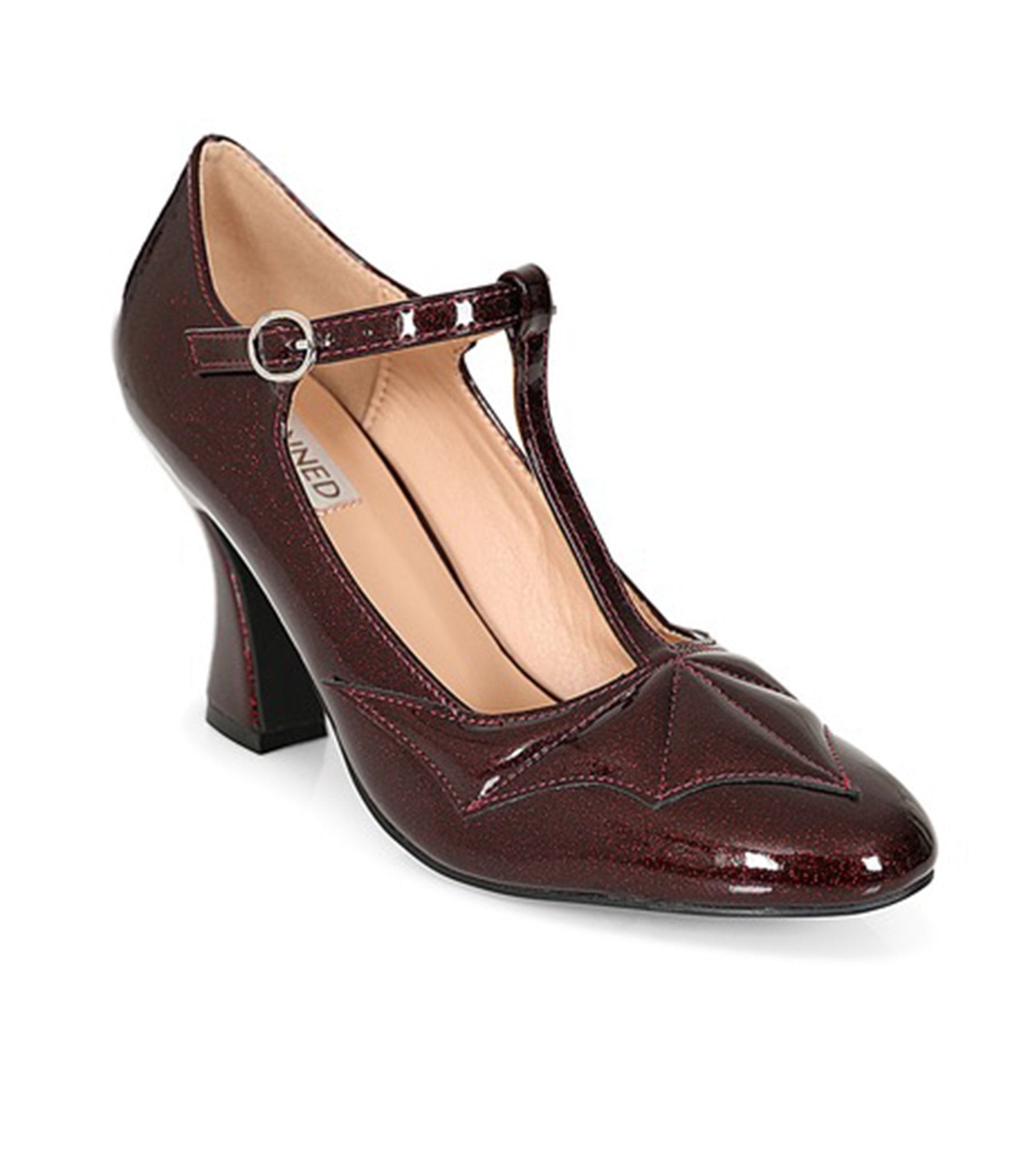 Banned Burgundy Patent Leatherette Elvira T - Strap Heels - Unique Vintage - Womens, SHOES, HEELS