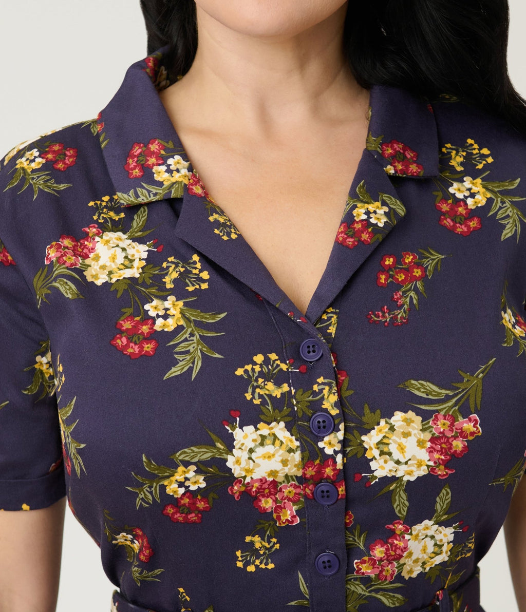 Banned Dark Blue Romantic Floral Midi Dress - Unique Vintage - Womens, DRESSES, MIDI