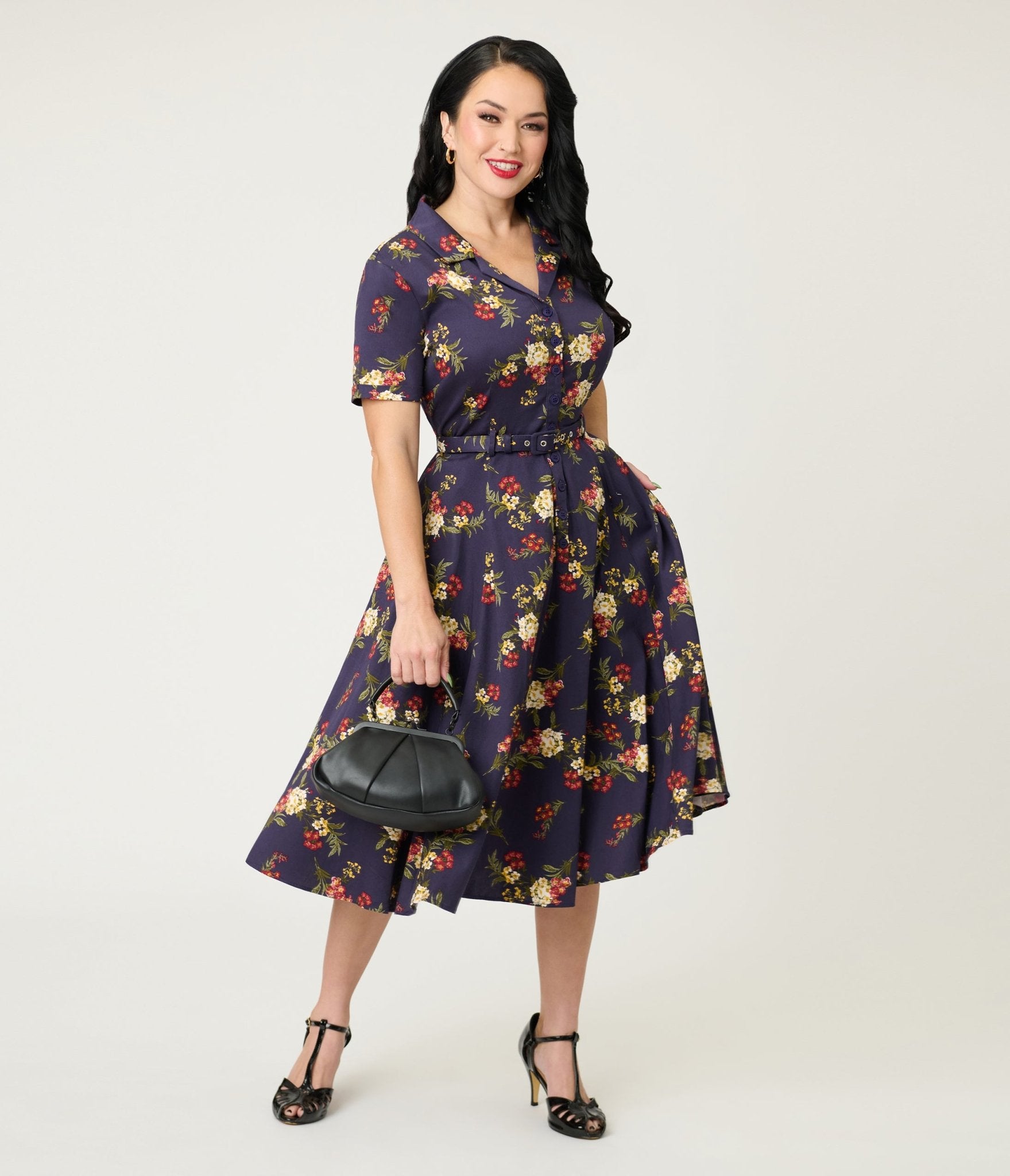 Banned Dark Blue Romantic Floral Midi Dress Unique Vintage Banned Dark Blue Romantic Floral Midi Dress Unique Vintage