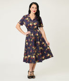 Banned Dark Blue Romantic Floral Midi Dress - Unique Vintage - Womens, DRESSES, MIDI