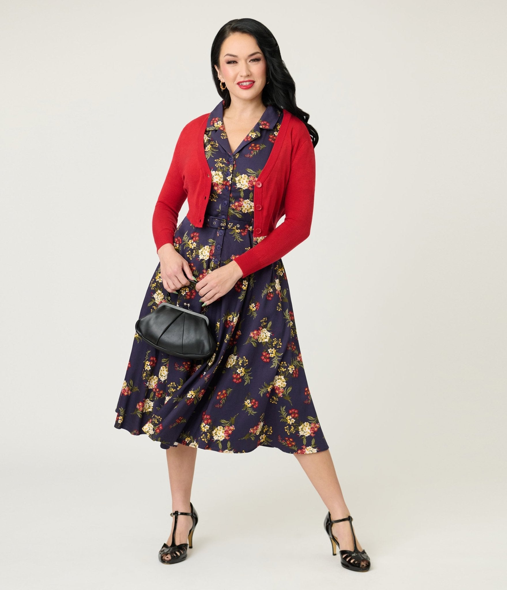 Banned Dark Blue Romantic Floral Midi Dress - Unique Vintage - Womens, DRESSES, MIDI