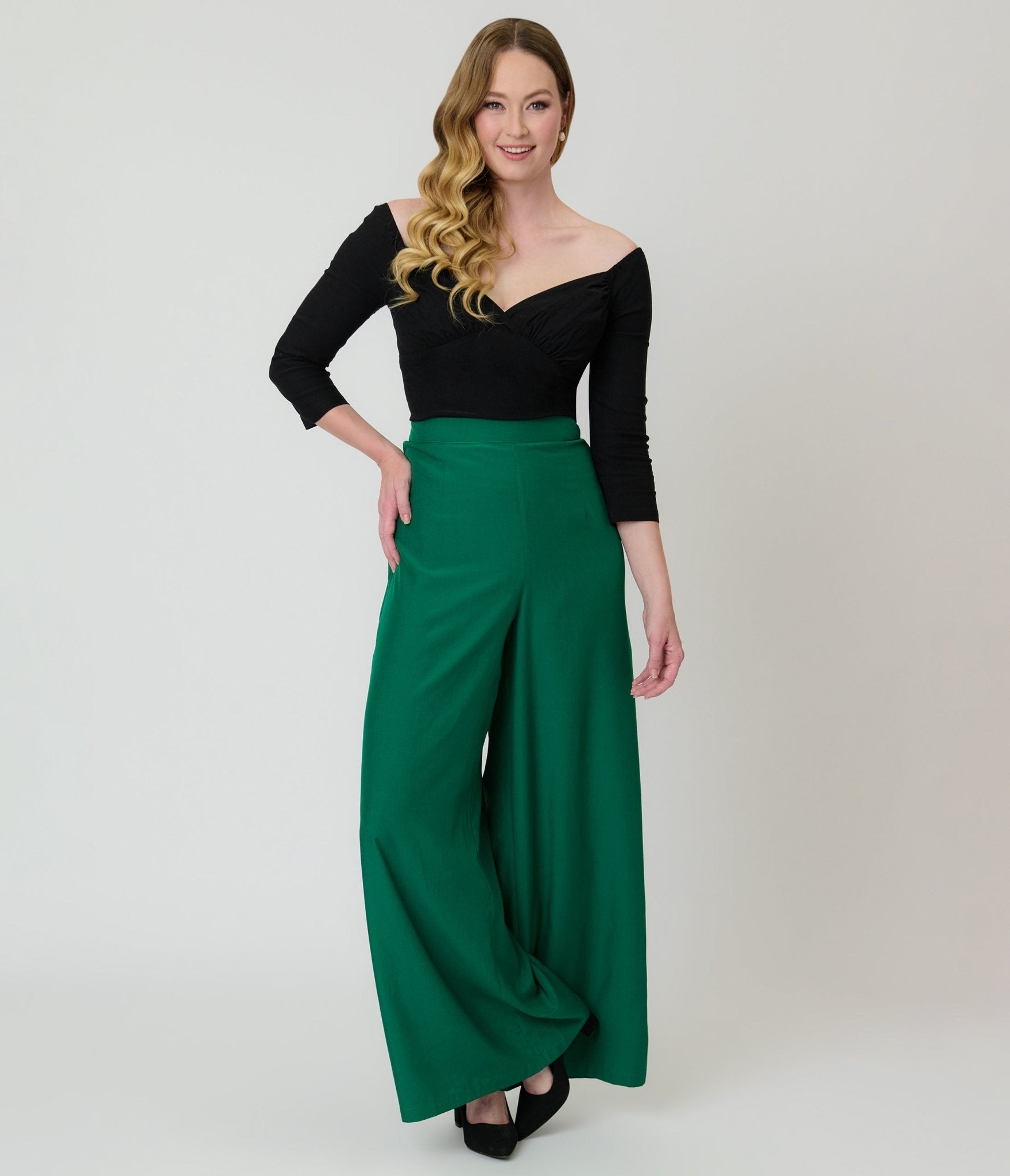 Banned Green Elizabeth Palazzo Trousers - Unique Vintage - Womens, BOTTOMS, PANTS