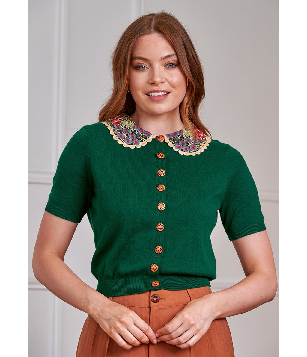 Banned Green Polly Floral Collar Cardigan - Unique Vintage - Womens, TOPS, SHIRTS