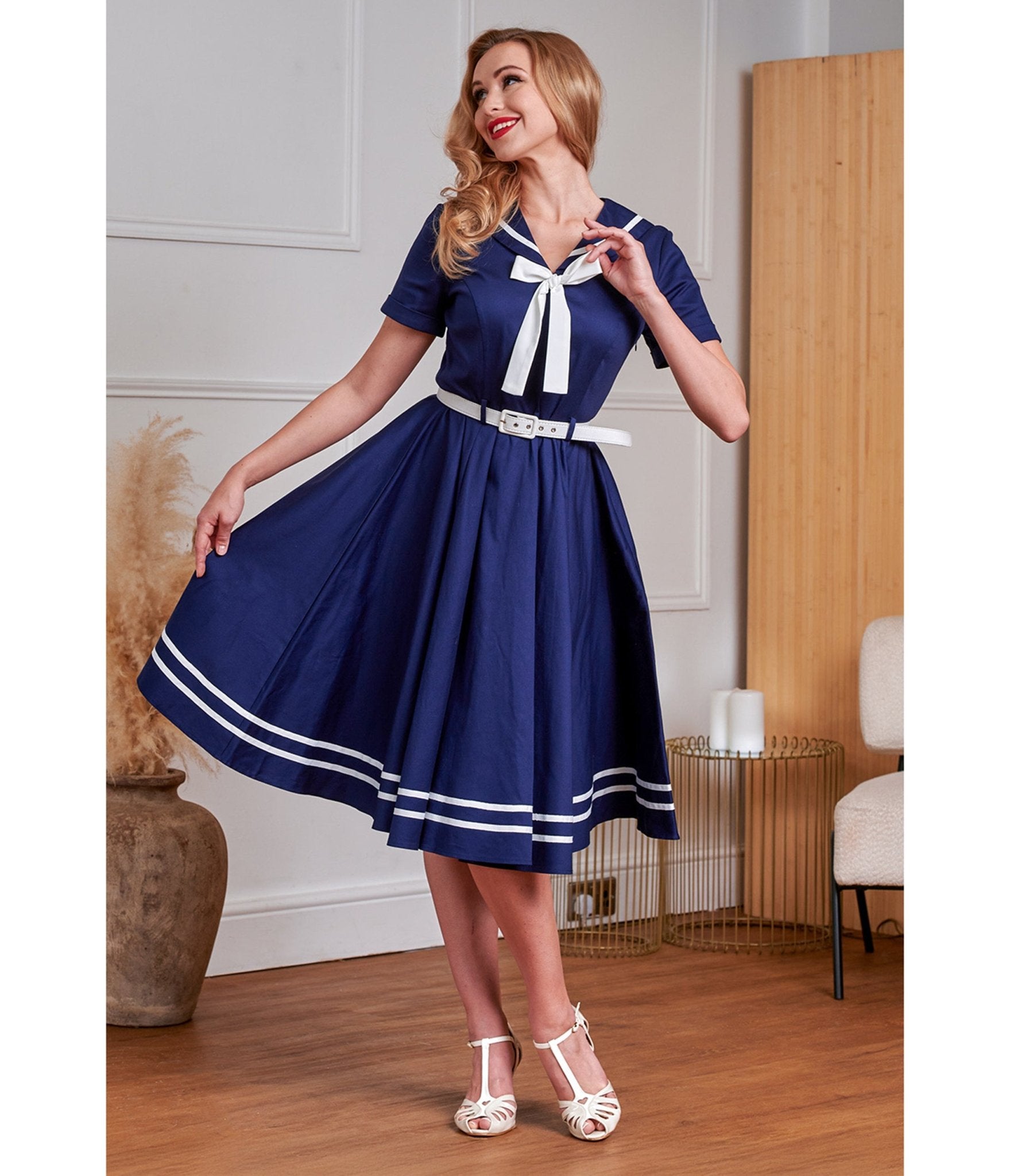 Banned Navy Blue & White Sailor Swing Dress - Large