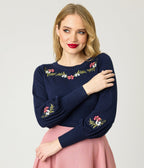 Banned Navy Romantic Floral Carla Sweater - Unique Vintage - Womens, TOPS, SWEATERS