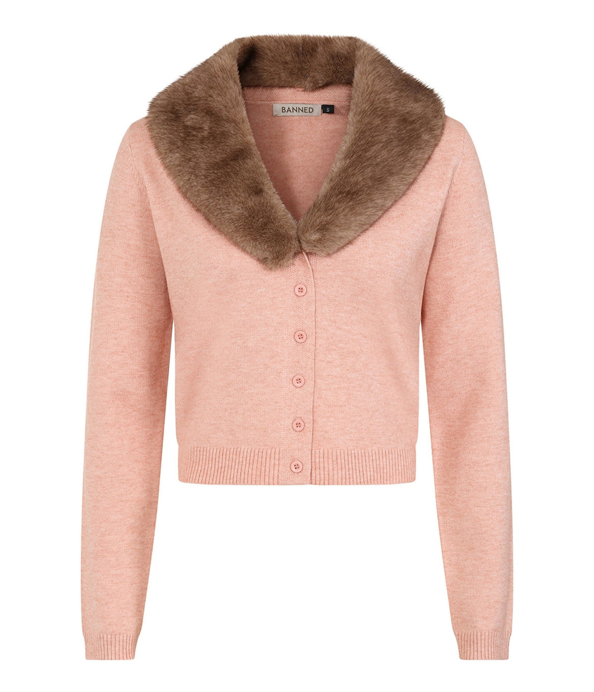Banned Pink & Brown Faux Fur Collar Sonia Cardigan - Unique Vintage - Cardigans