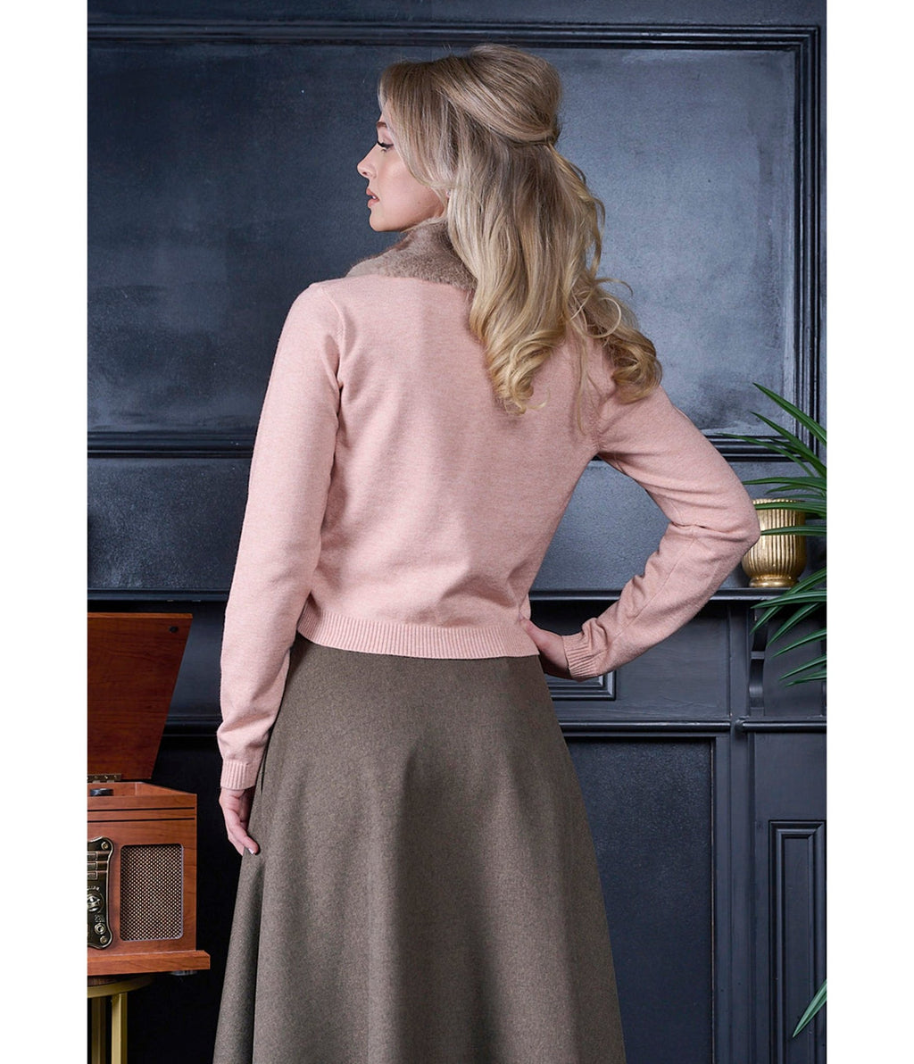 Banned Pink & Brown Faux Fur Collar Sonia Cardigan - Unique Vintage - Cardigans