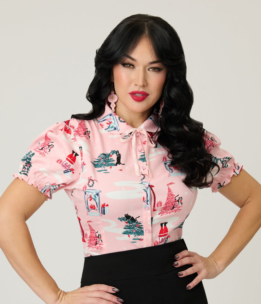 Banned Pink Lilly Puuurfect Christmas Print Blouse - Unique Vintage - Womens, TOPS, WOVEN TOPS