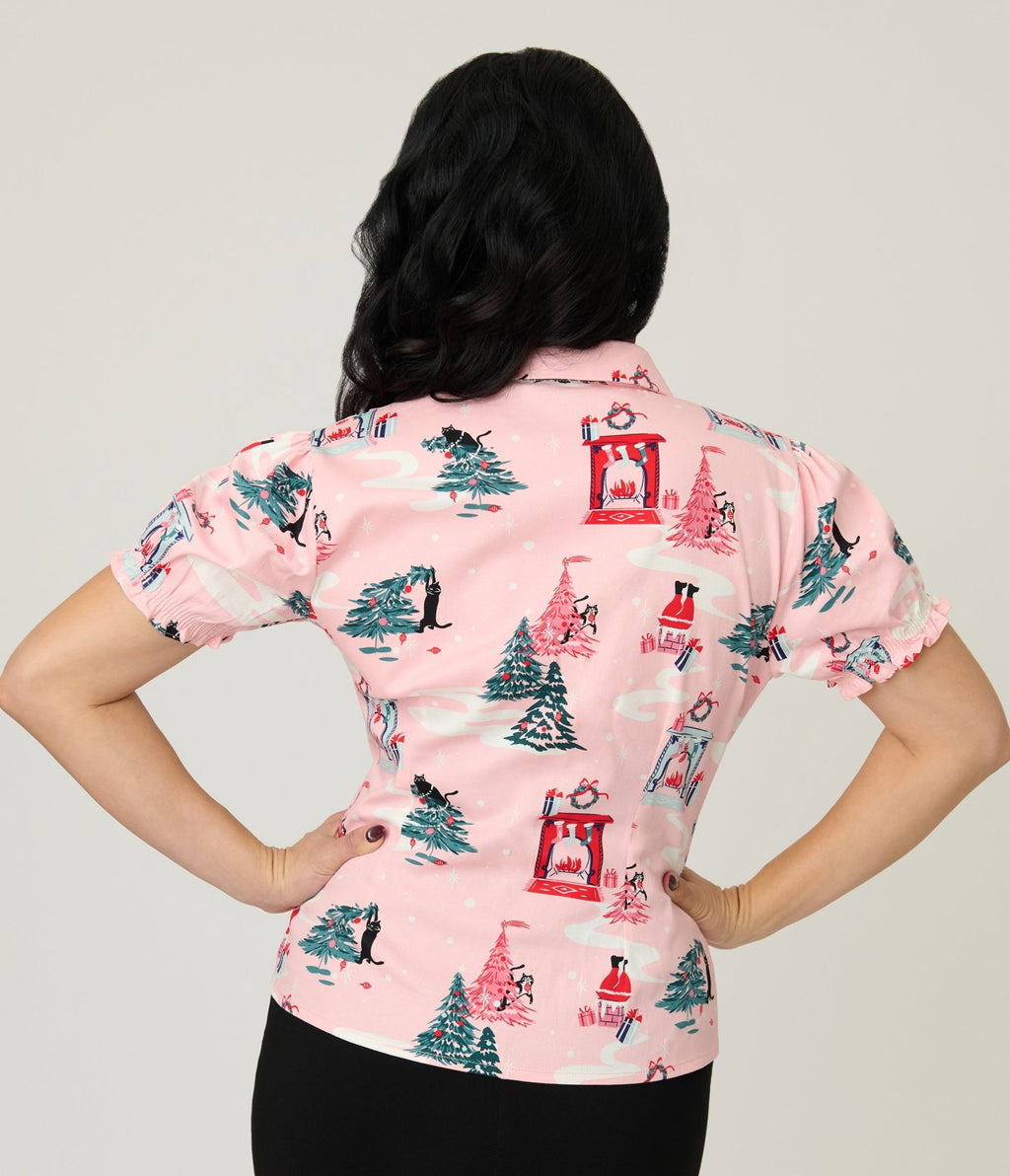 Banned Pink Lilly Puuurfect Christmas Print Blouse - Unique Vintage - Womens, TOPS, WOVEN TOPS