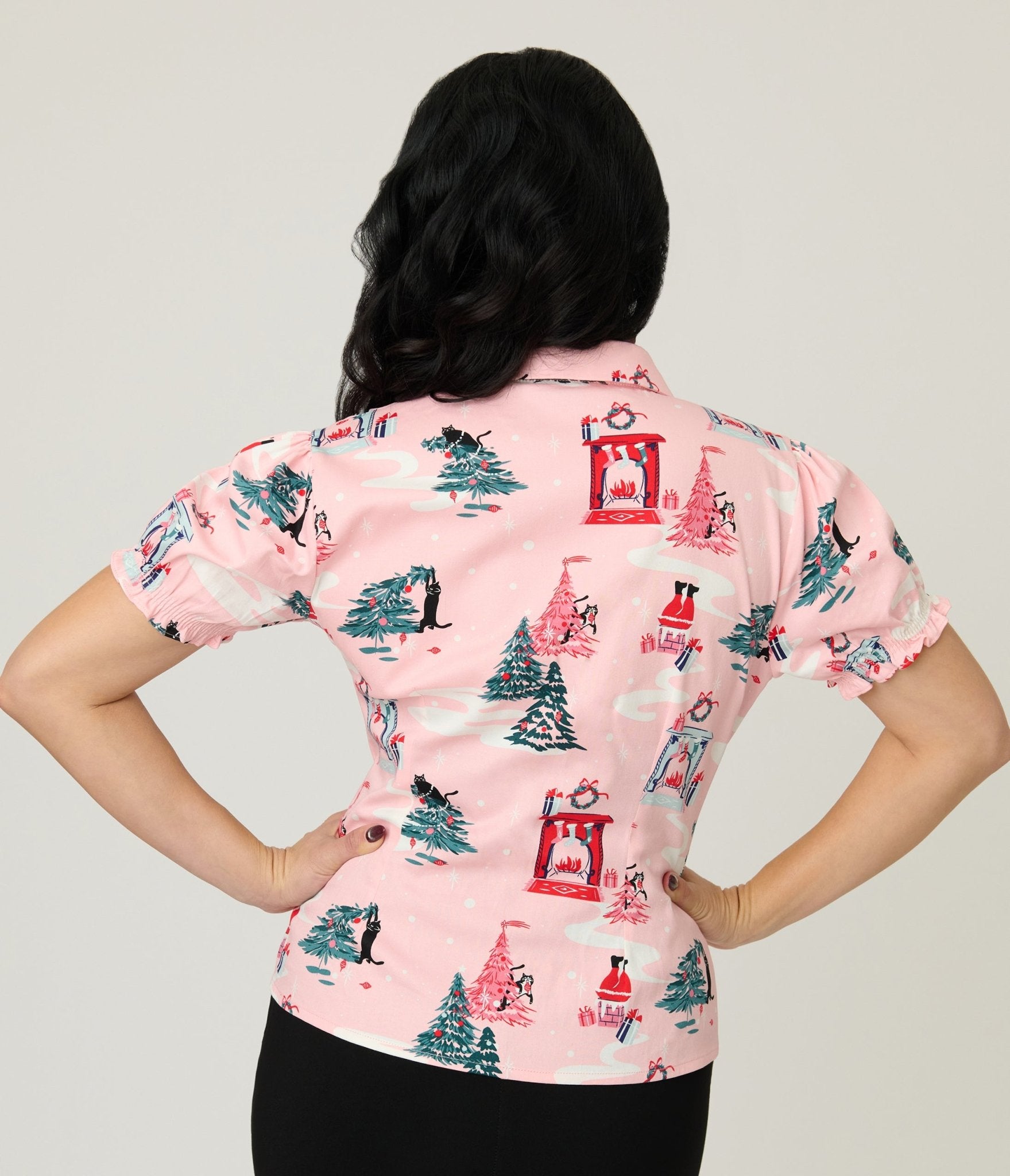Banned Pink Lilly Puuurfect Christmas Print Blouse - Unique Vintage - Womens, TOPS, WOVEN TOPS