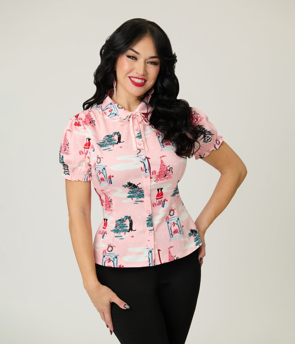 Banned Pink Lilly Puuurfect Christmas Print Blouse - Unique Vintage - Womens, TOPS, WOVEN TOPS