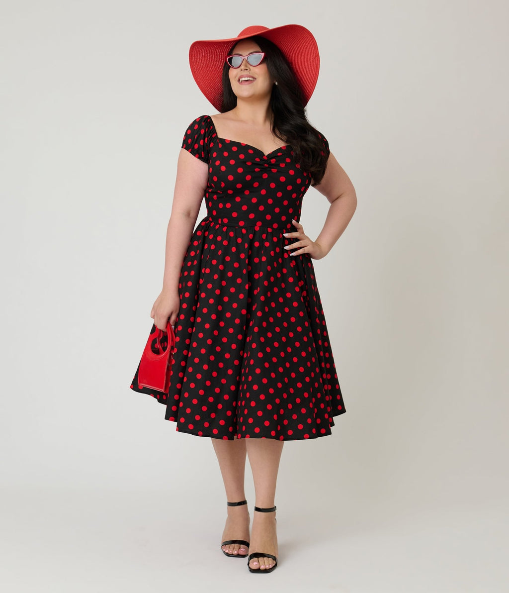 Banned Plus Size Black & Red Polka Dot Marilyn Swing Dress - Unique Vintage - Womens, BOTTOMS, PANTS
