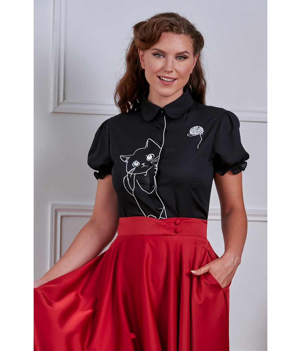 Banned Plus Size Black & White Cat Sophie Blouse - Unique Vintage - Womens, TOPS, SHIRTS