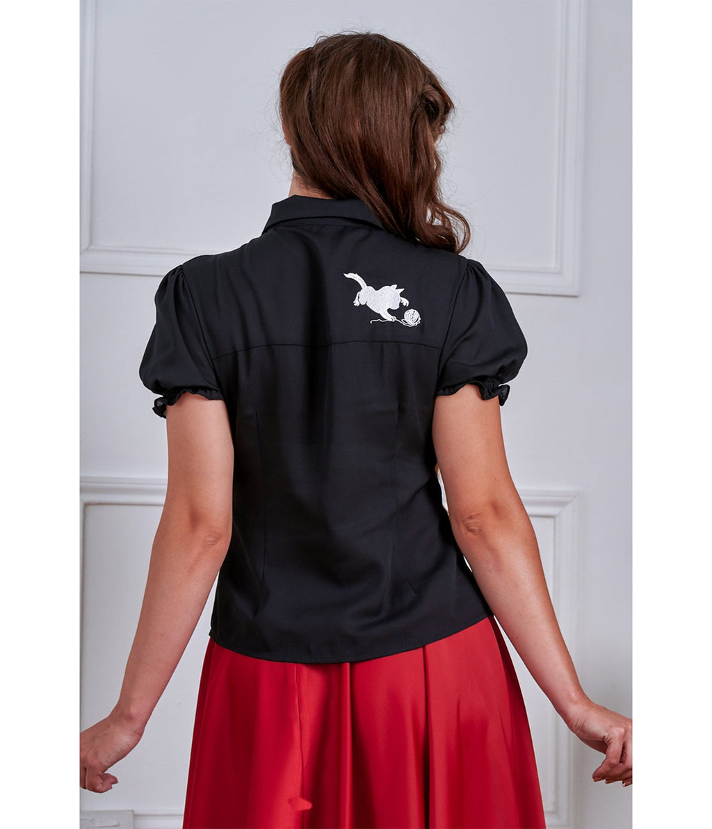 Banned Plus Size Black & White Cat Sophie Blouse - Unique Vintage - Womens, TOPS, SHIRTS