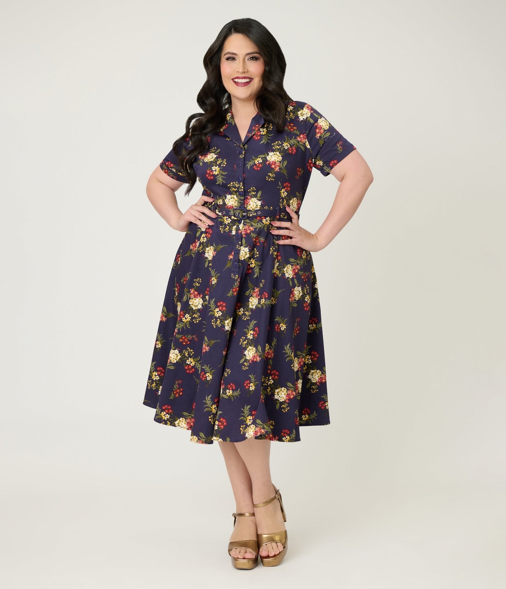 Banned Plus Size Dark Blue Romantic Floral Midi Dress  Unique Vintage